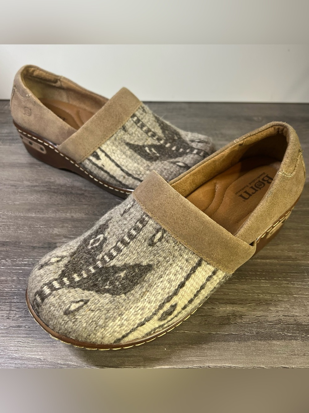 Born Beige Suede & Patterned Wool Clog Mules - Picture 2 of 9